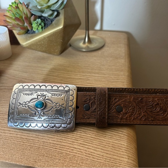 Tony Lama Navajo Spirit Belt Tooled Leather Western USA Brown Women's Size 34 - Picture 7 of 7